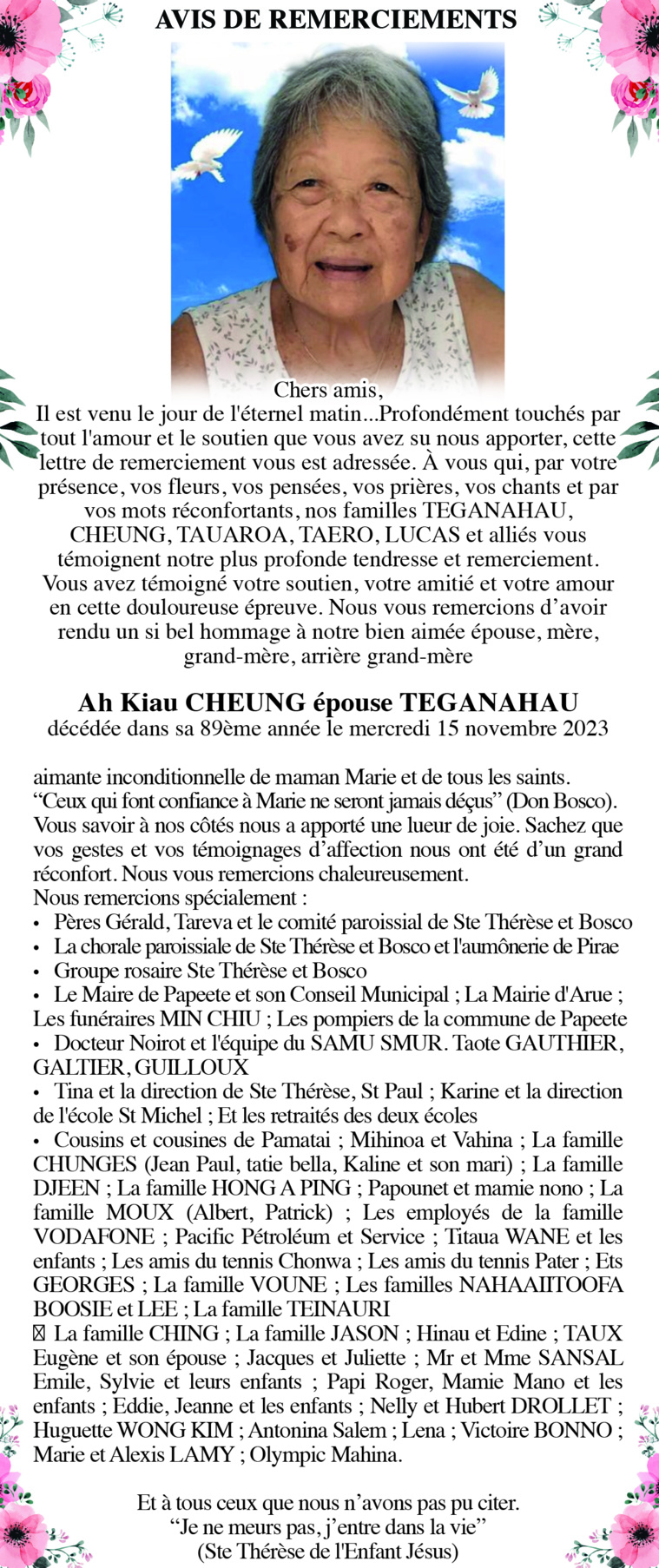AVIS DE RMERCIEMNTS de la Famille TEGANAHAU, CHEUNG, TAUAROA,TAERO, LUCAS pour la défunte Ah kiau CHEUNG épouse TEGANAHAU AVIS DE RMERCIEMNTS de la Famille TEGANAHAU, CHEUNG, TAUAROA,TAERO, LUCAS pour la défunte Ah kiau CHEUNG épouse TEGANAHAU