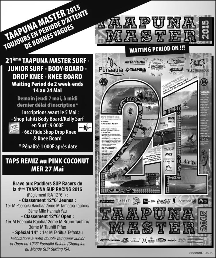 La Taapuna Master aura lieu du 21 au 24 mai La Taapuna Master aura lieu du 21 au 24 mai