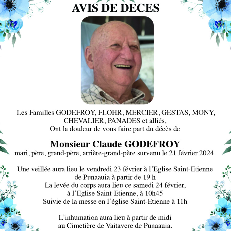 AVIS DE DECES de la Famille GODEFROY, FLOHR, MERCIER,GESTAS, MONY, CHEVALIER, PANADES AVIS DE DECES de la Famille GODEFROY, FLOHR, MERCIER,GESTAS, MONY, CHEVALIER, PANADES