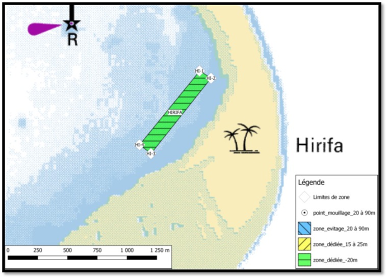 zone de mouillage de Hirifa (dans le secteur sud-est de l’atoll)