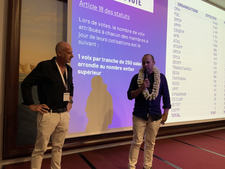 Steeve Hamblin, à droite, prend la succession de Frederic Dock, à gauche, à la tête du Medef Polynesie. Crédit photo : Thibault Segalard.