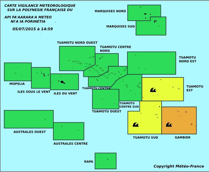 Vigilance météo pour forte houle aux Gambier et aux Tuamotu Sud et Est