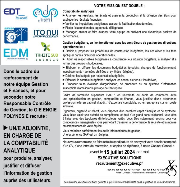 OFFRE D'EMPLOI : Un(e) adjoint(e) en charge de la comptabilité analytique OFFRE D'EMPLOI : Un(e) adjoint(e) en charge de la comptabilité analytique
