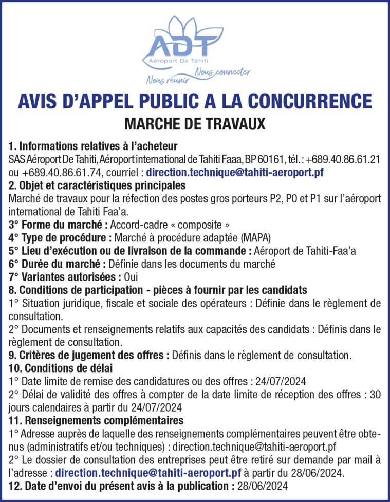 AÉROPORT DE TAHITI LANCE UN AVIS D'APPEL PUBLIC A LA CONCURRENCE - MARCHE DE TRAVAUX
