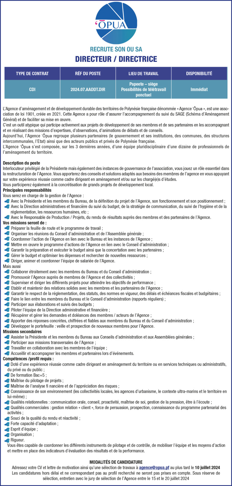 'OPUA RECRUTE SON OU SA DIRECTEUR/DIRECTRICE 'OPUA RECRUTE SON OU SA DIRECTEUR/DIRECTRICE