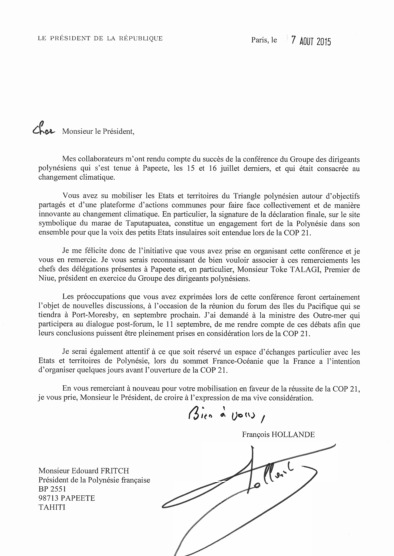 Signature du Pact : François Hollande se félicite de l'initiative prise par Édouard Fritch