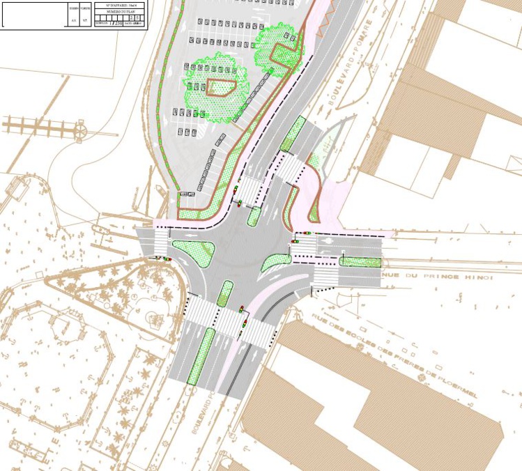 Le nouveau plan de circulation au croisement du front de mer et de l'avenue du Prince Hinoi avec la suppression du giratoire du Pacifique.