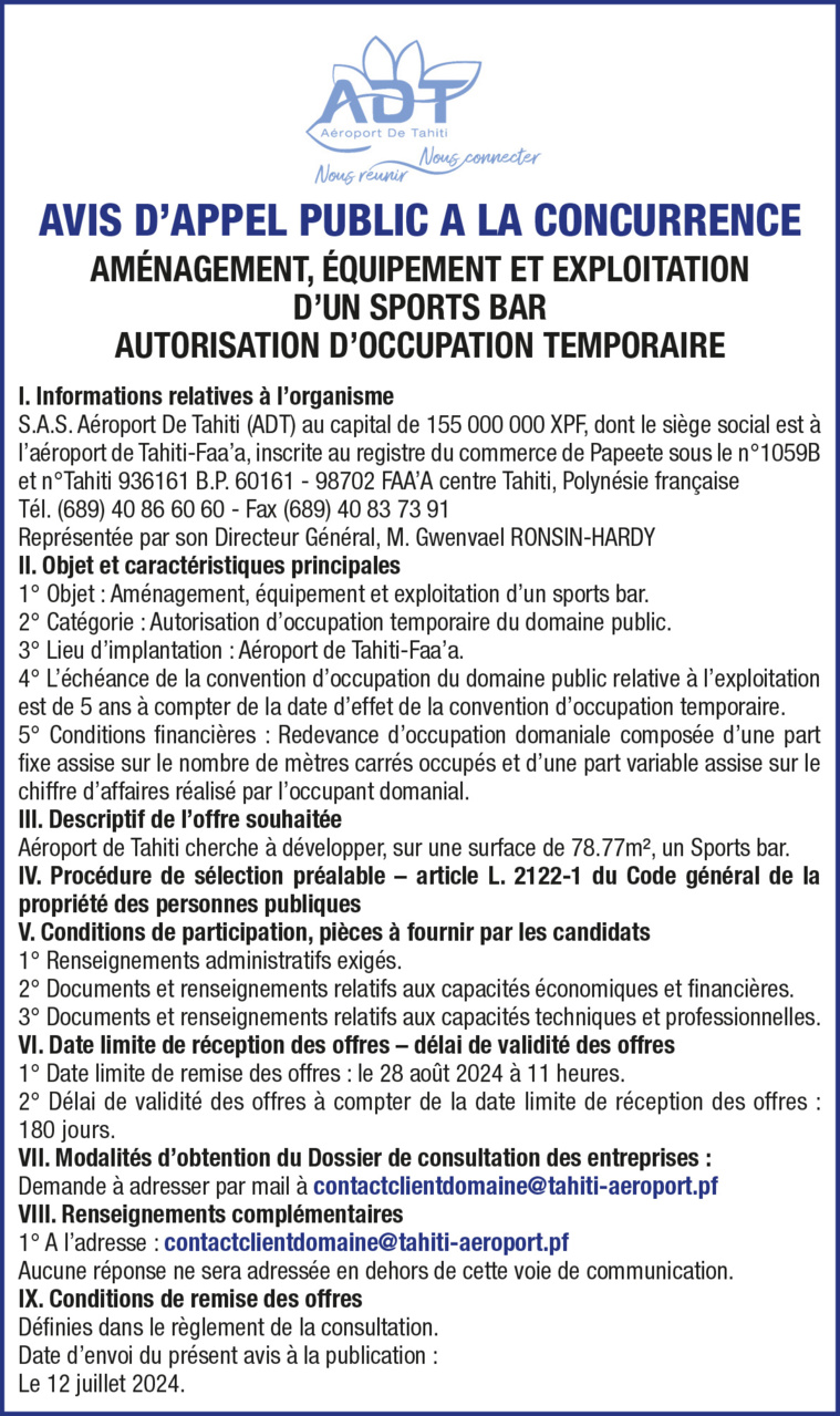 L'AÉROPORT DE TAHITI LANCE UN AVIS D'APPEL PUBLIC A LA CONCURRENCE - AMÉNAGEMENT, ÉQUIPEMENT ET EXPLOITATION D'UN SPORTS-BAR