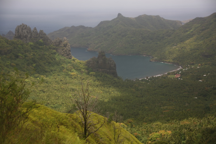 La baie de Hatiheu, lorsque l'on arrive par la route de Taipivai. Les sites restaurés sont cachés par la végétation.