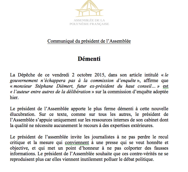 Démenti du président de l’assemblée suite à un article du quotidien La Dépêche, paru ce jour. Démenti du président de l’assemblée suite à un article du quotidien La Dépêche, paru ce jour.