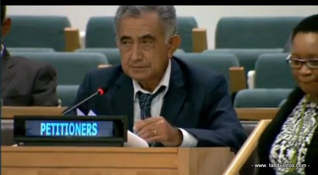 Oscar Temaru à la tribune de la Quatrième commission de l'ONU le 9 octobre 2013. C'était la première intervention en direct des indépendantistes polynésiens à New-York en tant que pétitionnaires. Ils y étaient revenus également l'an dernier et seront présents de nouveau vendredi prochain.