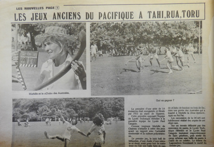 Coupure de presse des années 70, à l'époque où Michèle Dechazeaux animait le jeu "Tahi, rua, toru". Coupure de presse des années 70, à l'époque où Michèle Dechazeaux animait le jeu "Tahi, rua, toru".