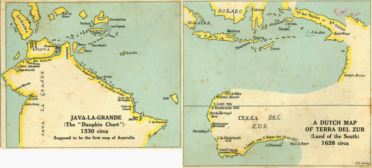 A gauche de cette illustration, une reproduction de la première carte portugaise établie à Dieppe par Jean Rotz, en 1542. A droite, l’Australie vue par les Hollandais quasiment un siècle plus tard, aux environs de 1628. Il est clair que les Lusitaniens en savaient beaucoup plus longs que les Néerlandais !