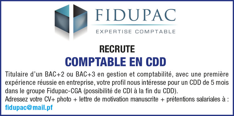 FIDUPAC RECRUTE UN(E) COMPTABLE EN CDD: TITULAIRE D'UN BAC +2 OU BAC+3 EN GESTION ET COMPTABILITÉ FIDUPAC RECRUTE UN(E) COMPTABLE EN CDD: TITULAIRE D'UN BAC +2 OU BAC+3 EN GESTION ET COMPTABILITÉ