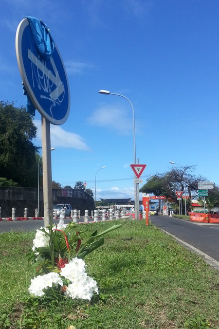 C'est contre ce panneau, au pied duquel des gerbes de fleurs ont été déposées, que Mickaël, 22 ans, a perdu la vie dimanche soir.