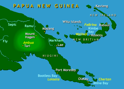 La carte de la Papouasie Nouvelle-Guinée ; on distingue, au nord, Madang, au centre de la baie de l’Astrolabe, là où le jeune Russe commença ses travaux.