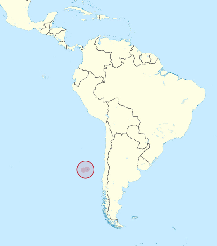 Par 33° de latitude sud, sur cette carte, la localisation de l’île de Robinson Crusoé, dans l’archipel chilien de Juan Fernandez, à 650 km environ de Valparaiso.