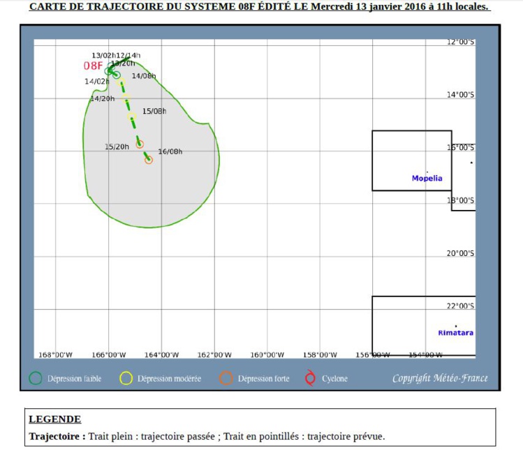 Carte de trajectoire de la dépression O8F émise par Météo France à 11 heures ce mercredi.