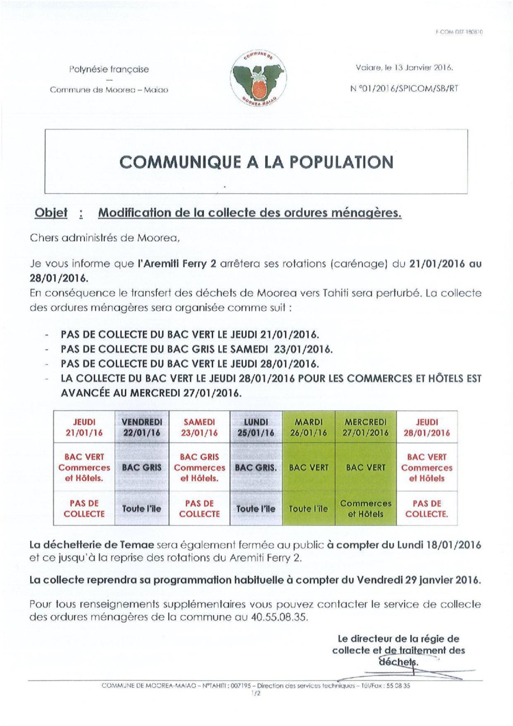 Moorea : La collecte des déchets est modifiée jusqu'au 28 janvier