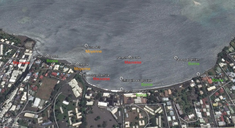 La baie du Taaone avec les différents points de contrôle où des prélèvements d'eau ont été analysés. Avec les résultats de chacun des sites : bon, moyen ou mauvais.