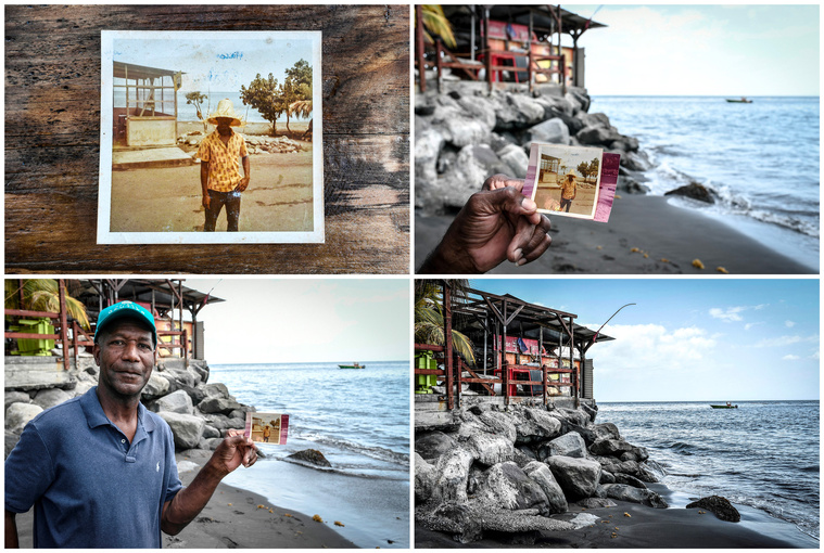 Cette photographie montre une photographie datant des années 1970 du front de mer avant la montée des eaux, Joseph Gustave, propriétaire du restaurant Melodie, montrant la photographie au même endroit le 17 juin 2022, et une vue du front de mer après la montée des eaux, sur les côtes du quartier du Prêcheur, en Martinique. STEPHANE DE SAKUTIN / AFP