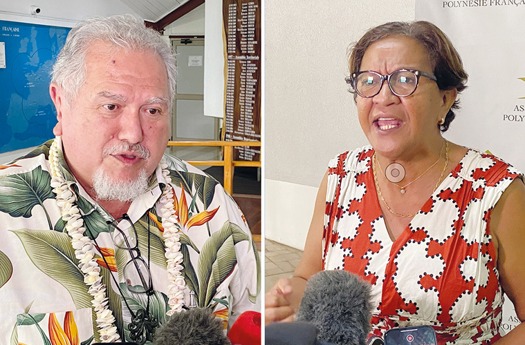 Moetai Brotherson et Lana Tetuanui ont eu un vif échange à Tarahoi, ce jeudi. Crédit photo : Thibault Segalard.