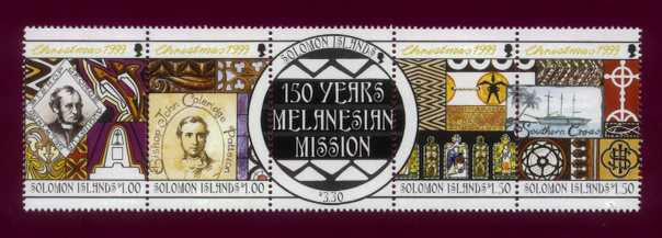 Les postes  des îles Salomon ont rendu hommage aux pasteurs pour les 150 ans de la mission mélanésienne ; deuxième à gauche, Patteson.