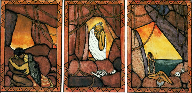 Tritype, trois tableaux assemblés de Bobby Holcomb, représentant le début de la légende de Tafa’i : les amants Hina et Monoihere, Nona la mère cannibale, la mort de Nona.