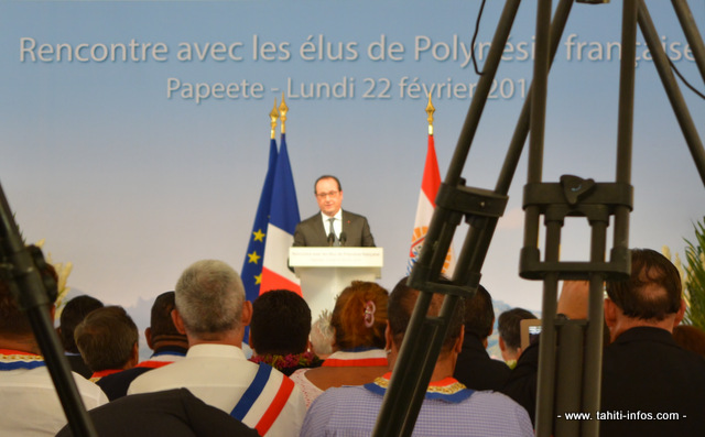 François Hollande pendant son allocution à la présidence de la Polynésie française ce lundi à la mi journée.