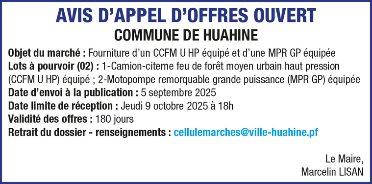 LA COMMUNE DE HUAHINE LANCE UN AVIS D'APPEL D'OFFRES OUVERT