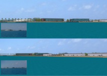 Simulation de la perception visuelle du complexe industriel aquacole de Tahiti Nui Ocean Foods, depuis le lagon, à une distance de 100 mètres environ.