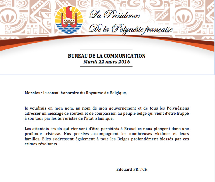 Attentats à Bruxelles: drapeaux en berne en Polynésie aussi Attentats à Bruxelles: drapeaux en berne en Polynésie aussi