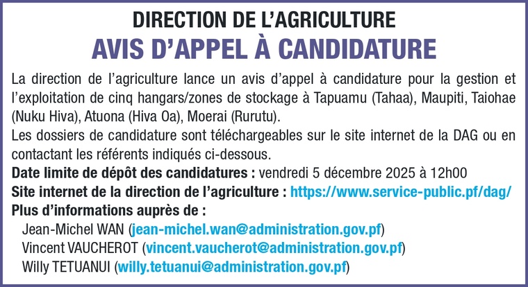 AVIS D'APPEL A CANDIDATURE DE LA DIRECTION DE L'AGRICULTURE