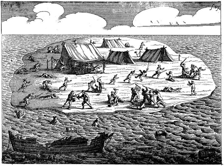 Les hommes de main de l’ex-apothicaire hollandais, massacrant des innocents sur l’îlot où ils avaient trouvé refuge.