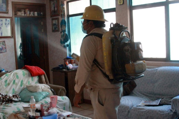 Un agent sanitaire fumige une maison pour lutter contre le moustique Aedes Aegypti, vecteur du virus Zika, le 5 février 2016 à San Lucia del Camino, au Mexique