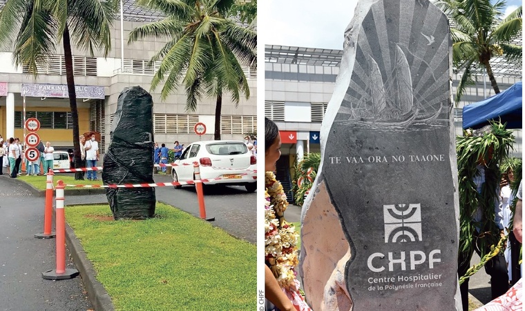 En janvier 2023, la pierre était toujours bâchée à l'entrée de l'hôpital... Elle a été inaugurée ce lundi, un va'a remplaçant le portrait de Jacques Chirac initial.