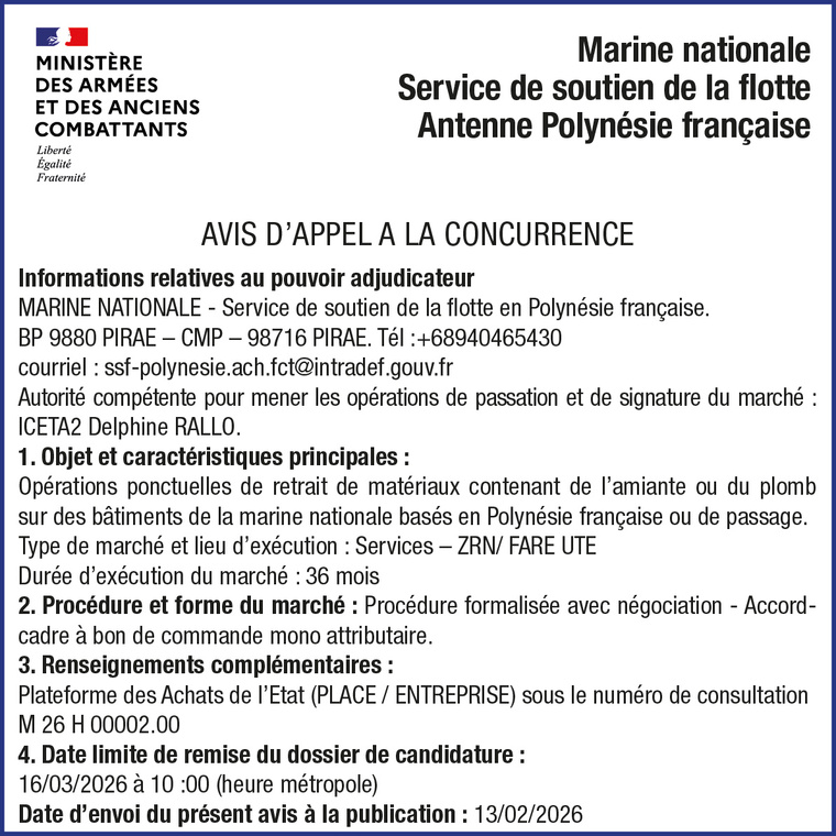 LA MARINE NATIONALE SERVICE DE SOUTIEN DE LA FLOTTE ANTENNE POLYNÉSIE FRANCAISE LANCE UN AVIS D'APPEL A LA CONCURRENCE : RETRAIT DE MATERIAUX CONTENANT DE L'AMIANTE OU DU PLOMB LA MARINE NATIONALE SERVICE DE SOUTIEN DE LA FLOTTE ANTENNE POLYNÉSIE FRANCAISE LANCE UN AVIS D'APPEL A LA CONCURRENCE : RETRAIT DE MATERIAUX CONTENANT DE L'AMIANTE OU DU PLOMB