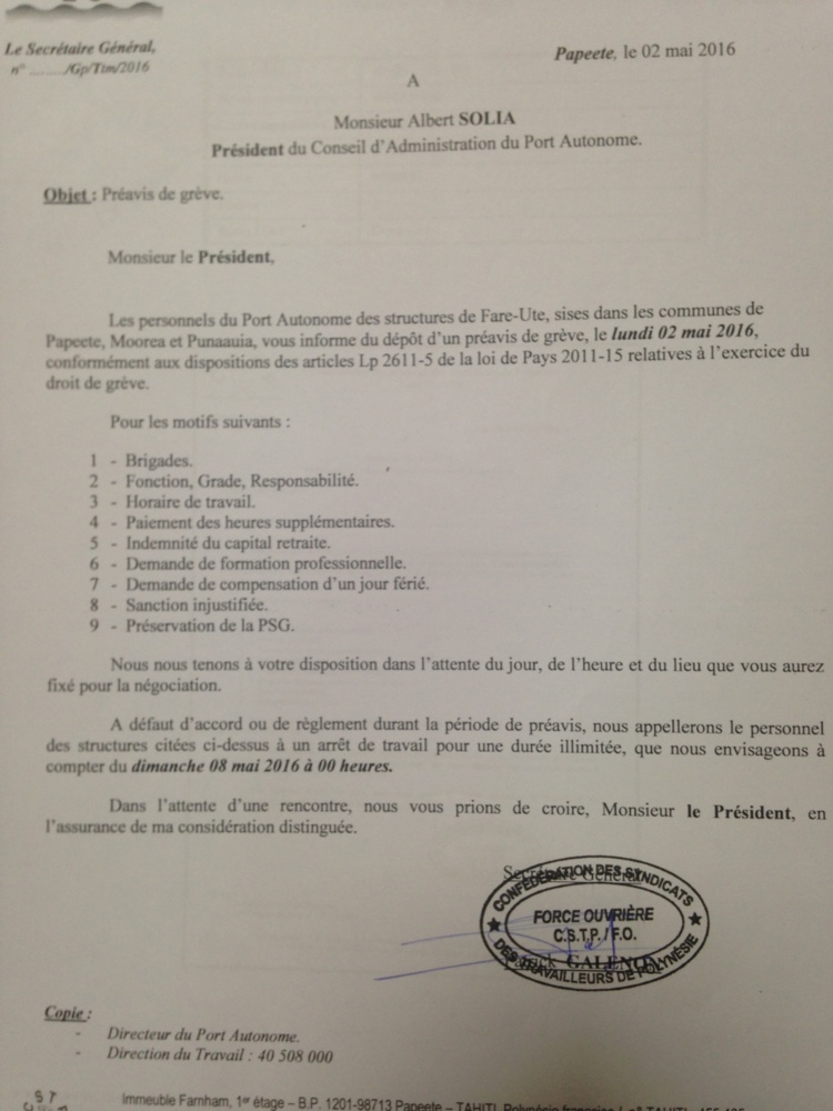 Voici le préavis de grève qui a été déposé lundi dernier par la CSTP-FO Voici le préavis de grève qui a été déposé lundi dernier par la CSTP-FO