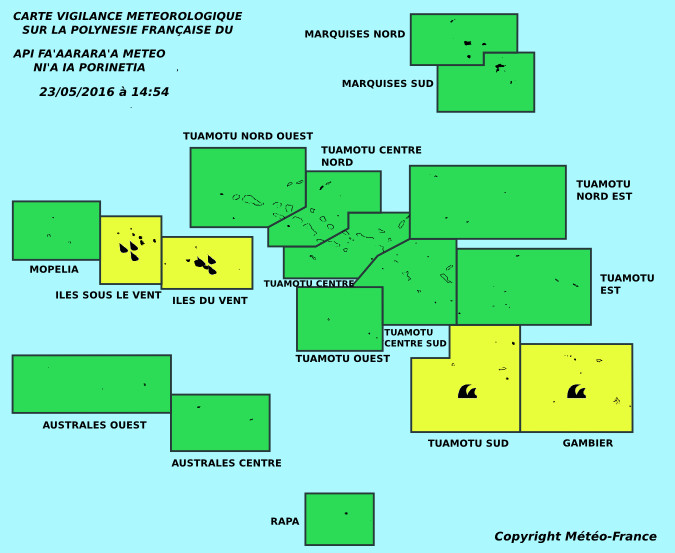 Vigilance jaune : fortes pluies sur la Société, forte houle aux Tuamotu sud et Gambier