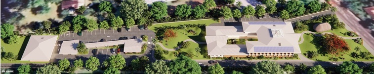 Vue aérienne des bâtiments, jardins et parkings. Vue aérienne des bâtiments, jardins et parkings.