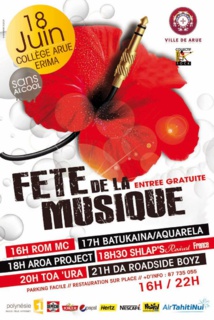 La 10ème édition de la fête de la musique se tiendra le 18 juin sur le terrain de sport du collège d'Arue La 10ème édition de la fête de la musique se tiendra le 18 juin sur le terrain de sport du collège d'Arue