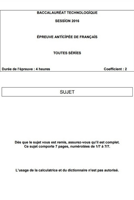 sujet des épreuves anticipées de Français de la série Technologique sujet des épreuves anticipées de Français de la série Technologique