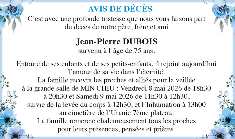 AVIS DE DECES de Monsieur DUBOIS Jean-Pierre