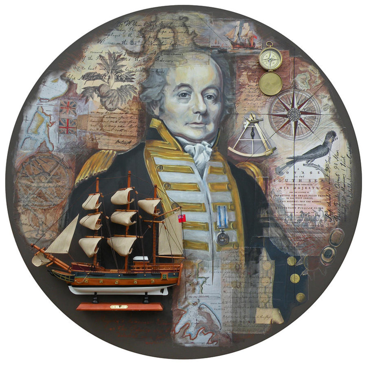 9 Une savante mise en page mettant en scène Bligh, avec une maquette de la Bounty et un pied de ‘uru. 9 Une savante mise en page mettant en scène Bligh, avec une maquette de la Bounty et un pied de ‘uru.