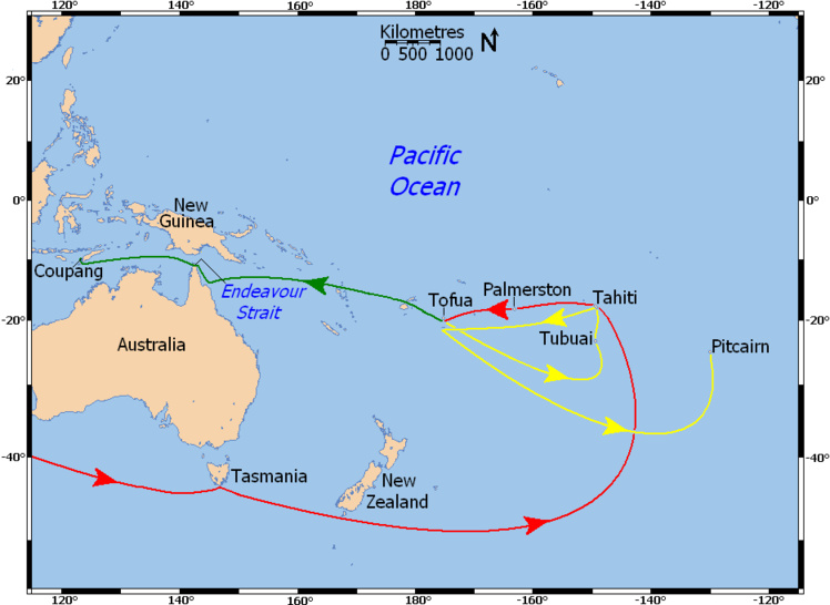 En rouge, le trajet de la “HMS Bounty” sous le commandement de Bligh. En vert, l’odyssée de celui-ci après la mutinerie. En jaune, les errances de la Bounty avant sa destruction volontaire à Pitcairn.