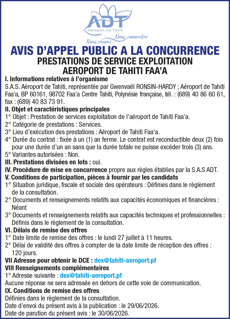 L'AEROPORT DE TAHITI FAA’A LANCE UN AVIS D'APPEL A LA CONCURRENCE : PRESTATIONS DE SERVICE EXPLOITATION