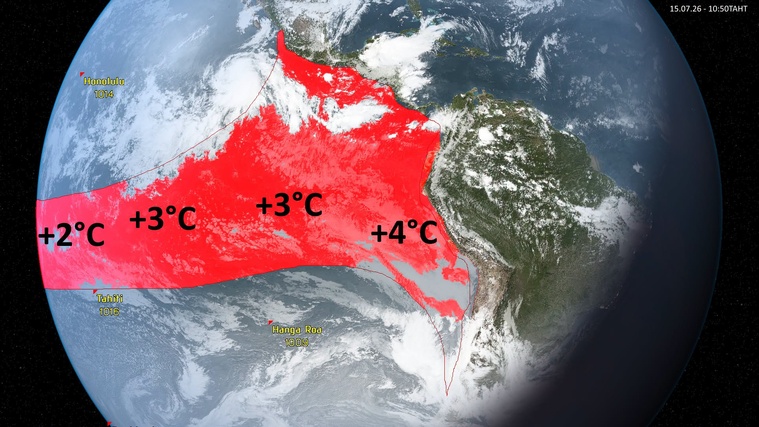 Légende : Selon les dernières données du centre de prévision océanique américain la NOAA, les anomalies de température étaient autour de +3 °C dans les eaux situées entre la Polynésie et Hawaï. ©Infos Cyclones