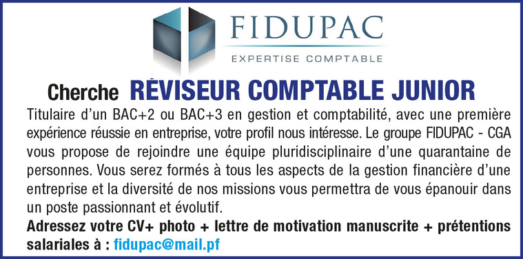 FIDUPAC Expertise Comptable cherche REVISEUR COMPTABLE JUNIOR