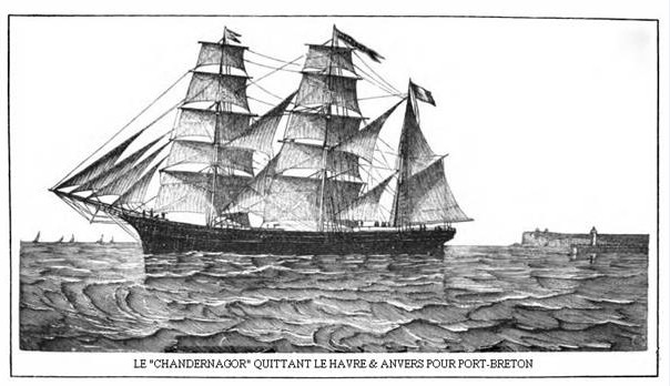 Cette gravure montre le “Chandernagor” quittant Le Havre et Anvers, pour l’improbable aventure de Port-Breton.