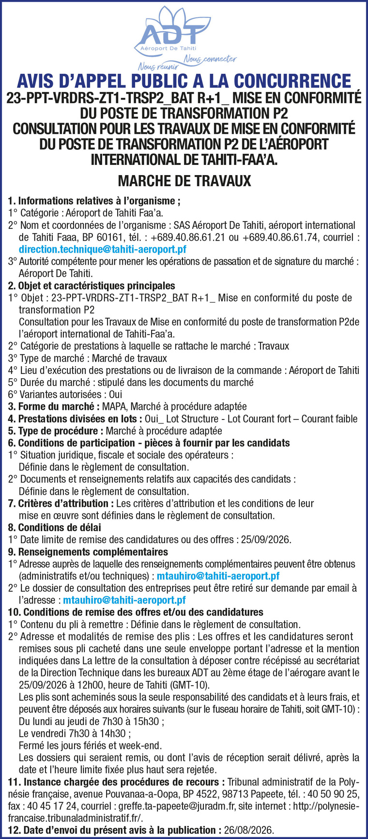 AEROPORT DE TAHITI LANCE UN AVIS D'APPEL A LA CONCURRENCE :23-PPT-VRDRS-ZT1-TRSP2_BAT R+1_ MISE EN CONFORMITÉ DU POSTE DE TRANSFORMATION P2